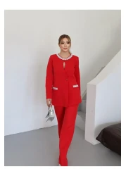 1Moda1Tarz Women's Imported Fabric Stone Embroidered Collar and Button Detailed Lined Jacket Pants Design Set