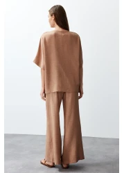 Collection Camel Color V-Neck Blouse and Trousers Set - Twoss24Au00096