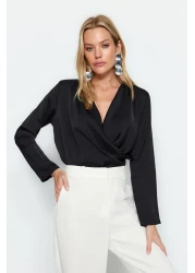  Collection Black Double Breasted Satin Woven Blouse TWOAW24BZ00423