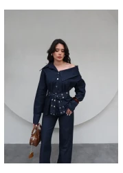 ESRAHELVACI Belted Asymmetrical Collar Denim Suit