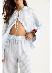 Bianco Lucci بدلة نسائية صيفية مخططة ذات أساور كبيرة ومفصلة من القطن 36471 60283357