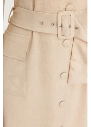  Modest Linen Look Button Woven Shirt Dress with Stone Belt Tctss24Eb00017