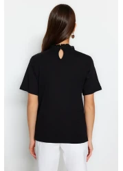  Collection Black Brodeled Stand Collar Basic Regular/Normal Fit Cotton Knitted Blouse Twoss23Bz00879