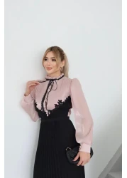 1Moda1Tarz فستان نسائي مستورد من قماش الشيفون اللامع Yoryo مزين بالدانتيل ومطوي ومزين بشريط مبطن بتصميم خاص