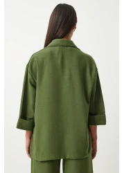 Happiness İstanbul طقم قميص وبنطلون كتان كاكي - جيب عريض FN03205