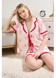  Collection طقم بيجامة محبوكة من القطن 100% وردي مع شريط/فيونكة وشورت مكشكش THMSS25PT00293