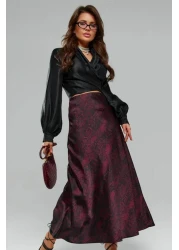 Madmext تنورة طويلة من الساتان المزخرف باللون العنابي للنساء Mg2333