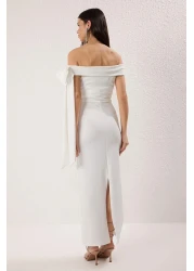 Collection White Body Fitted Shoulder Bow Detail Knitted Stylish Evening Dress Night Graduation Dress Tprss25El00293