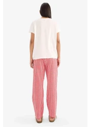 Defacto Pajama Sets Short Sleeve Top Stretchy Waisted Checked Long Bottom-Fall in Love E4822Ax25Sp