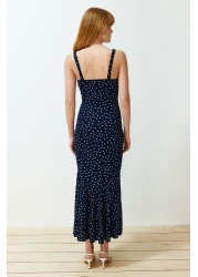  Collection فستان طويل محبوك مرن منقوش باللون الأزرق الداكن TWOSS24EL00682