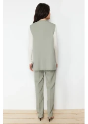  Modest Khaki Accessory Detailed Woven Fabric Vest Trousers Top and Bottom Set TCTSS24US00035