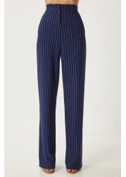 Happiness İstanbul Navy Blue Striped Comfortable Women's Trousers - To00158