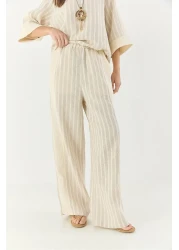 Bianco Lucci طقم قلادة نسائية مخططة برقبة على شكل حرف V من الكتان من الأسفل إلى الأعلى 25106 60283319