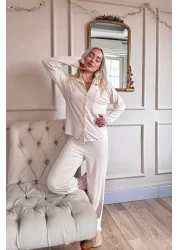 Pijamaevi طقم بيجامة نسائي بأكمام طويلة وأزرار أمامية من دبلن باللون البيج الفاتح