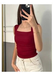 peri tower New Product Square Neck Waist Shirred Burgundy Camisole Undershirt