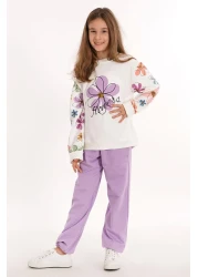 zepkids Floral Printed Ecru Lilac Color Girl's Tracksuit Set