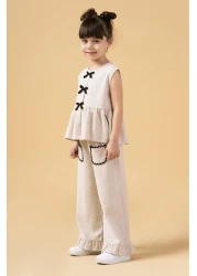 Magu Girl's Linen Beige Bow Flounce Long Pants Double Set