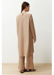  Modest Beige Asymmetrical Woven Tunic Trousers Top and Bottom Set TCTSS24US00074