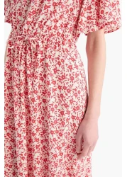 Defacto V-Neck Cheeky Patterned Lace-Up Short Sleeve Midi Summer Dress D2835Ax25Sm