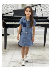 yns coolstar فستان بناتي من NEW SEASON بجيب أمامي وأزرار وأكمام قصيرة من قماش الدنيم القطني