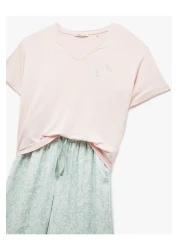 Koton V-Neck Short Sleeve Printed Loose Fit Viscose Woven Pajama Set