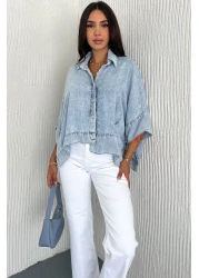 FEMELLE قميص بونشو من قماش الدنيم باللون الأزرق مقاس قياسي للنساء