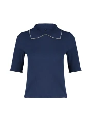  Collection Navy Blue Collar Detailed Regular/Normal Fit Knitted Knitted Blouse Twoss24Bz00194