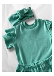 özge başaran Mint Girl's 4-Piece Set – Ruffled Shorts T-Shirt Socks Band Combination