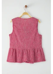  Collection Red Gingham Pattern Binding, Just Like Sleeveless Stretchy Knitted Blouse