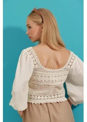 Trend Alaçatı Stili Women's Ecru Oval Collar Front Lace Up Linen Blocked Crochet Blouse ALC-X9196