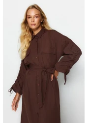  Modest Brown Belted Sleeves Adjustable Detail Button Cotton Woven Shirt Dress Tctss23Eb00365