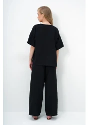 Trend Alaçatı Stili Women's Black V-Neck Metal Gold Button Detail Aerobin Blouse and Pant Bottom Top Suit Alc-X14122