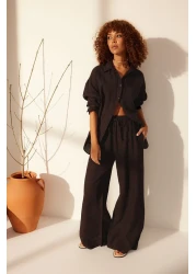  Collection Brown 100% Linen Elastic Waist High Waist Extra Pants Twoss24Je00251