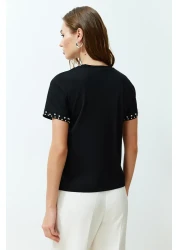  Collection Black Stone Accessory Detailed Regular Pattern Knitted T-Shirt TWOSS24TS00070