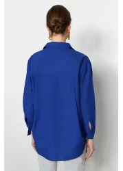  Collection قميص منسوج من القطن بجيب واحد باللون الأزرق الداكن/قميص واسع مقاس TWOAW20GO0115