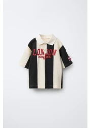 Magu Boys' Cotton Striped London Letter T-Shirt and Embroidered Jean Set