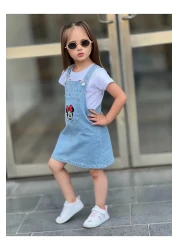 yns coolstar Minnie Print Jeans Salopet Gilet Dress with Shorts 2 Pieces Set