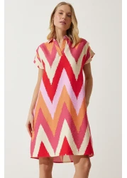 Happiness İstanbul Women's Red Cream Polo Collar Patterned Summer Dress OF00001