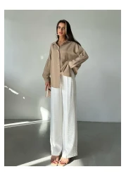 Laluvia Milk Coffee Oversize Off Shoulder Linen Shirt