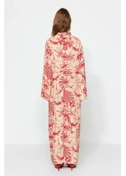  Modest فستان منسوج من القطن والفسكوز صيفي بتفاصيل عقدة وياقة منقوشة باللون الأحمر الكريمي TCTSS23EB00234