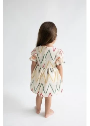 Magu Girl's Ecru Patterned Lined Cotton Dress