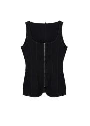  Collection Black Stitching Detail Zip Square Neck Denim Blouse Twoaw25Bz00005