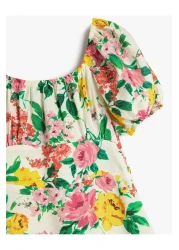 Koton فستان زهري متوسط الطول ذو أكمام قصيرة وياقة مربعة