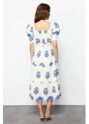  Collection Blue Patterned Square Neck Linen Look Belted Midi Woven Dress TWOSS24EL00779