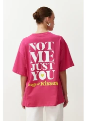  Collection Fuchsia 100% Cotton Back and Front Slogan Printed Oversize/Comfortable Fit Knitted T-Shirt TWOSS24TS00235