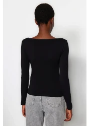  Collection Black Cotton Stretchy Square Neck Fitted Blouse TWOAW24BZ00016