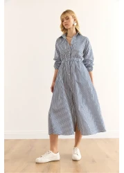 Olalook فستان قميص طويل بخصر مطاطي باللون الأزرق الداكن للنساء ELB-19002398