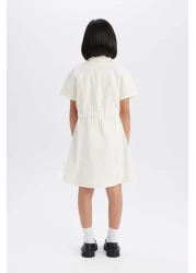 Defacto Girl's Gabardine Pocket Button Short Sleeve Summer Dress D9223A825Sm