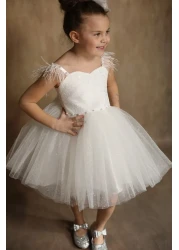 black white wedding Girl's White Fluffy Dress Birthday Dress with Lace Detail