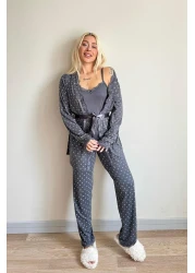 Pijamaevi Smoked Mini Point Patterned Bamboo Dressing Gown Women's Pajamas Set